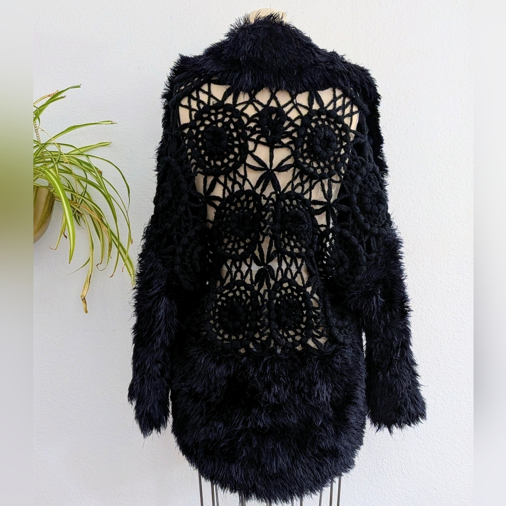 Black Faux Fur & Crochet Sweater Cardigan